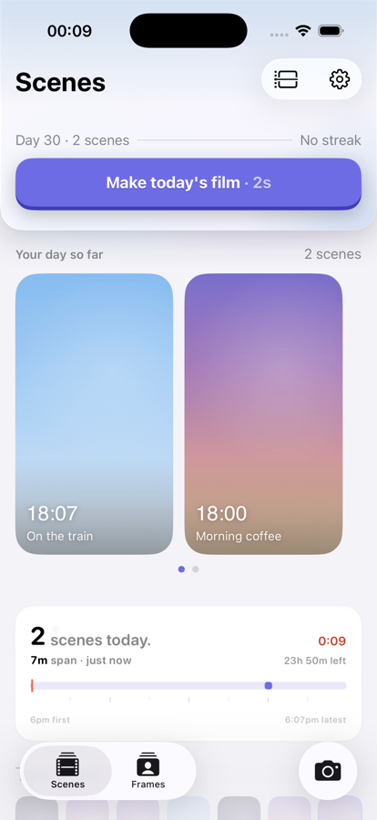 The Scenes tab: today's two scenes, the rhythm card, and this week's captures.