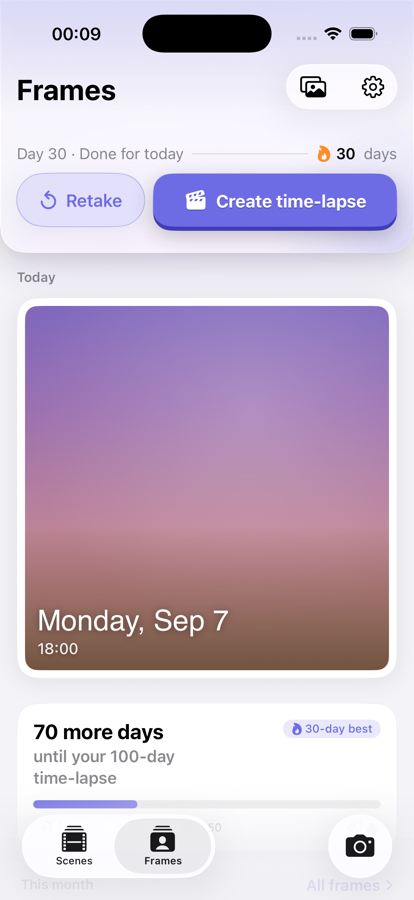 The Frames tab: today's eye-aligned frame with a 30-day streak and the next milestone.